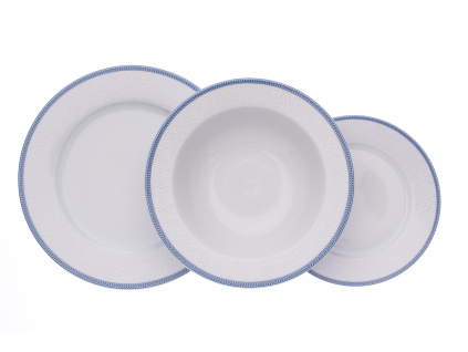 Talířová souprava Ella s hlubokými talíři 330 ml, bílá krajka, modrý lem, porcelán Thun, 18 d.