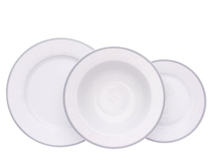 Talířová souprava Ella/ Opal s hlubokými talíři 330ml, bílá krajka, šedý lem, porcelán Thun, 18 d.