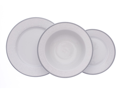 Talířová souprava Ella s hlubokými talíři 330ml, bílá krajka, šedý lem, porcelán Thun, 18 d.