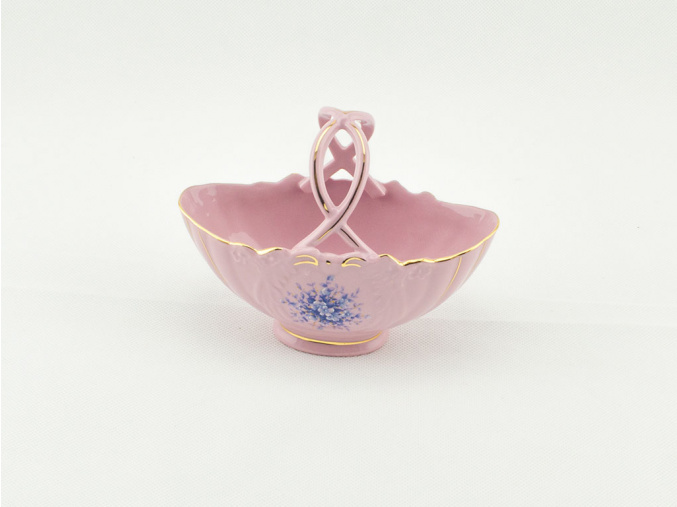 Košík na bonbony 14 cm, růžový porcelán, modré květiny, Leander