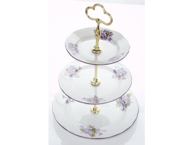 Etažérka trojdílná, český porcelán, 0,3 l, fialky, Český porcelán