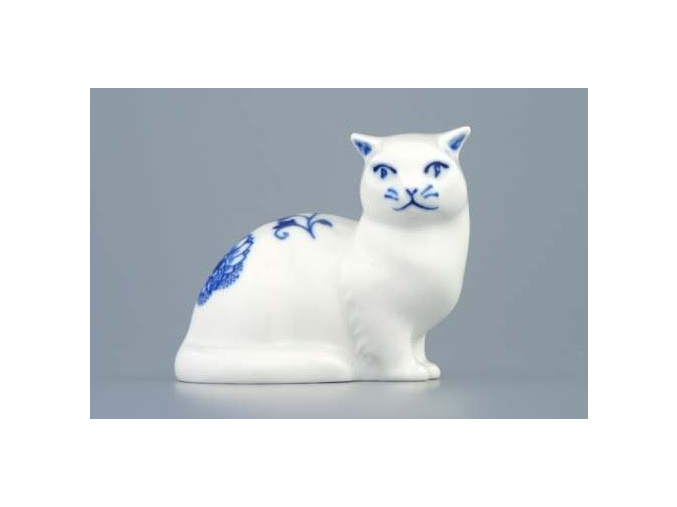 Kočka sedící 6,6 cm, cibulák, Český porcelán