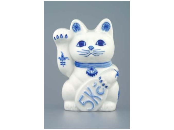 Kočka zvací / kasička 16 x 9 cm, cibulák, Český porcelán