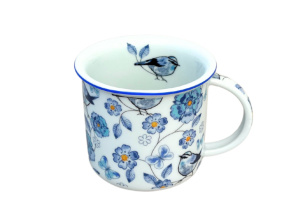 Porcelánový plecháček s motivem ptáků v modré, český porcelán