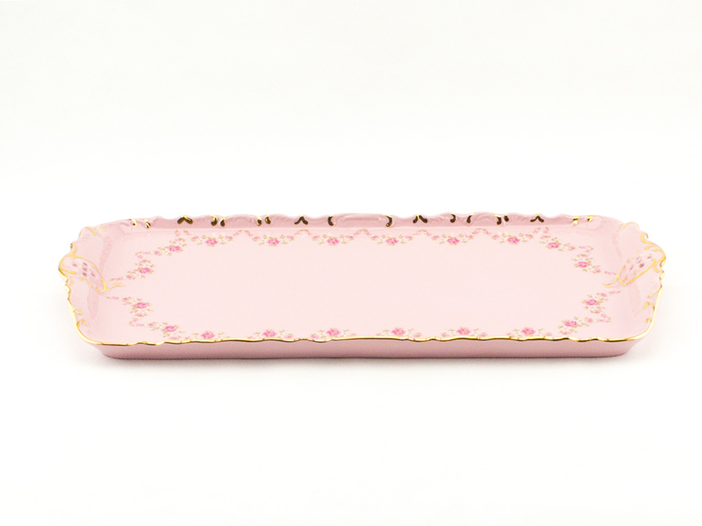 Podnos vykrajovaný 36 cm, růžový porcelán, kytičky, zlatá linka, Leander