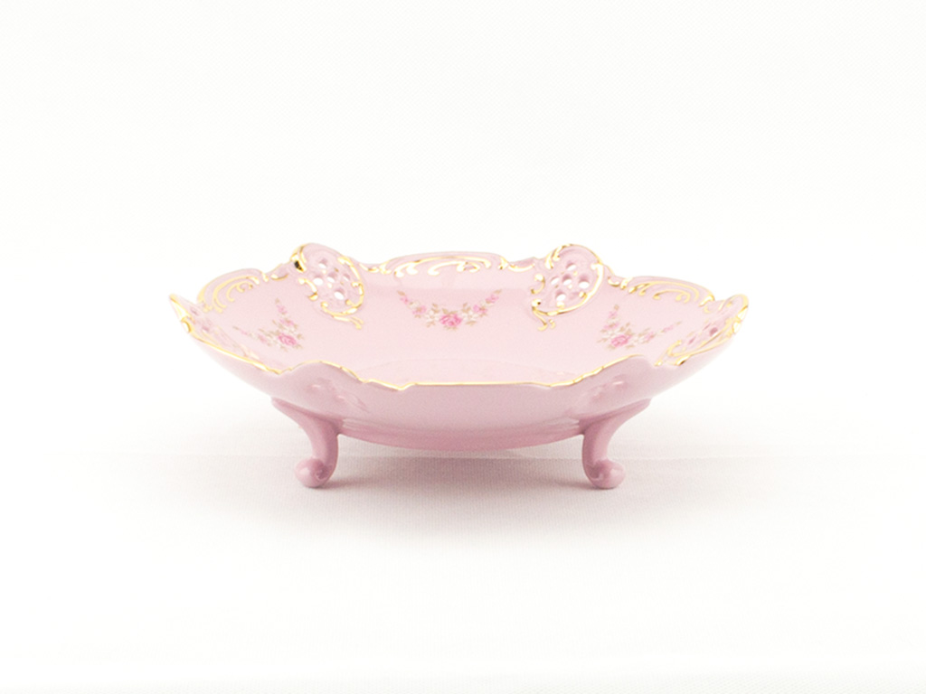 Miska Diana na nožkách 19,5 cm, růžový porcelán, kytičky, zlatá linka, Leander