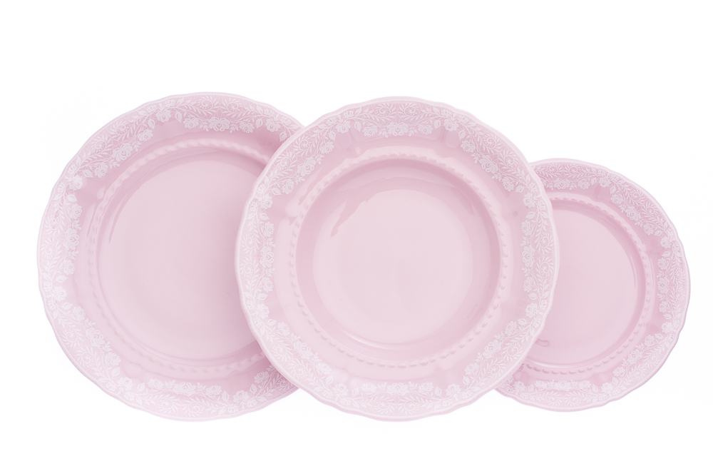 Talířová souprava Sonáta, bílá krajka, růžový porcelán, Leander, 18 dílná