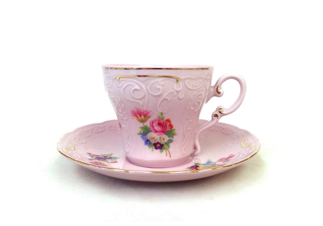 Růžový porcelán, šálek s podšálkem, Ela 0056