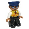 Duplo Figure Lego Ville, Male, Black Legs, White Shirt, Yellow Safety Vest with Train Logo, Dark Blue Hat, Brown Hair and Glasses