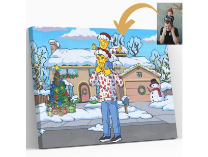Styl Simpsonowie Świąteczny Dom z Garażem - ręcznie malowana karykatura ze zdjęcia