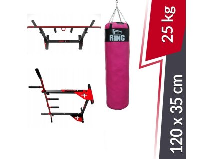 Posilovací hrazda s růžovým boxovacím pytlem
