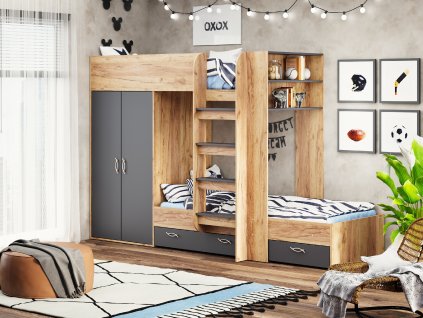 Patrová postel NEMO, 80 x 190 cm, se šatní skříní a zásuvkami (Barva antracit)