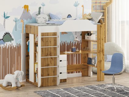 Patrová postel KIDS, 80 x 190 cm, s psacím stolem, regály a šatní skříní (Barva antracit)