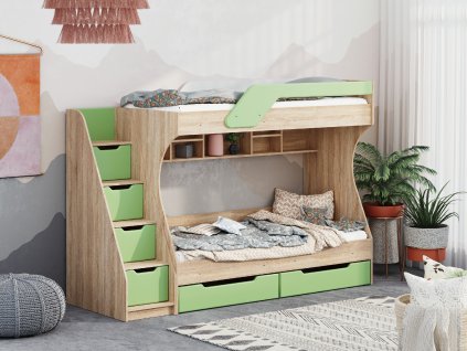 Patrová postel KADET, 80 x 190 cm, se zásuvkami (Barva dub kraft - bílý + pistácie)