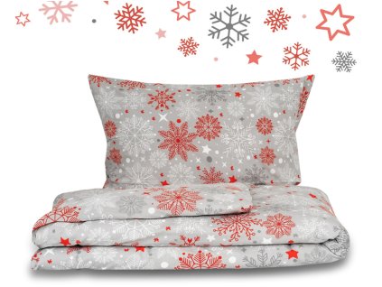 povlečení vánoční flanel vločky šedo červené