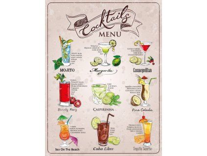 Plechová cedule - Coctail menu