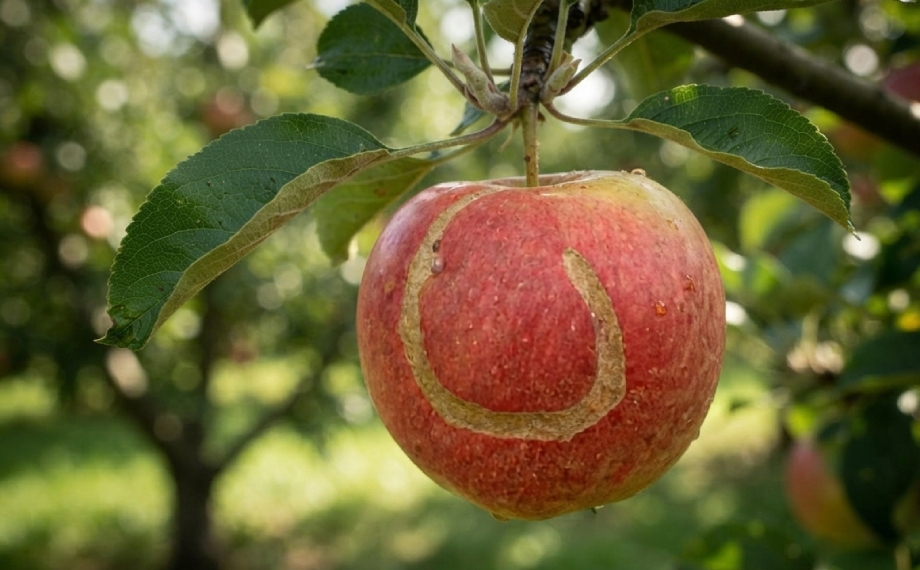 Korkovitá oblouková jizva na jablku způsobená pilatkou jablečnou