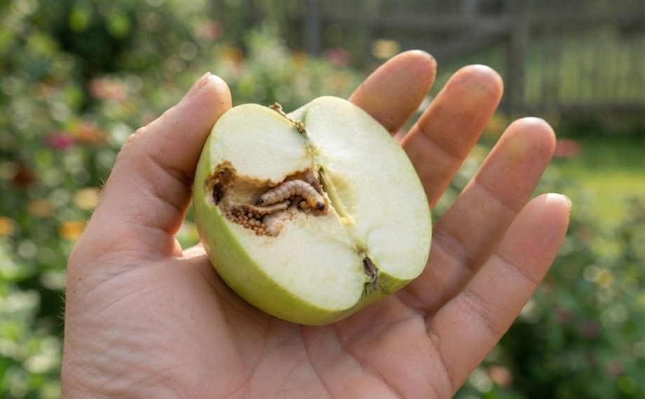 Larva pilatky jablečné v napadeném plodu jablka