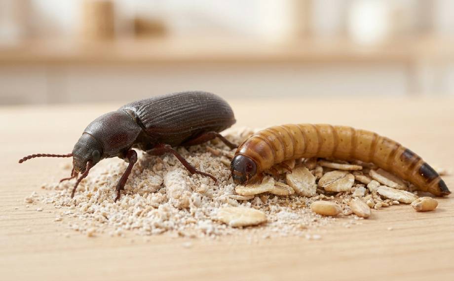 Potemník moučný dospělý brouk a larva