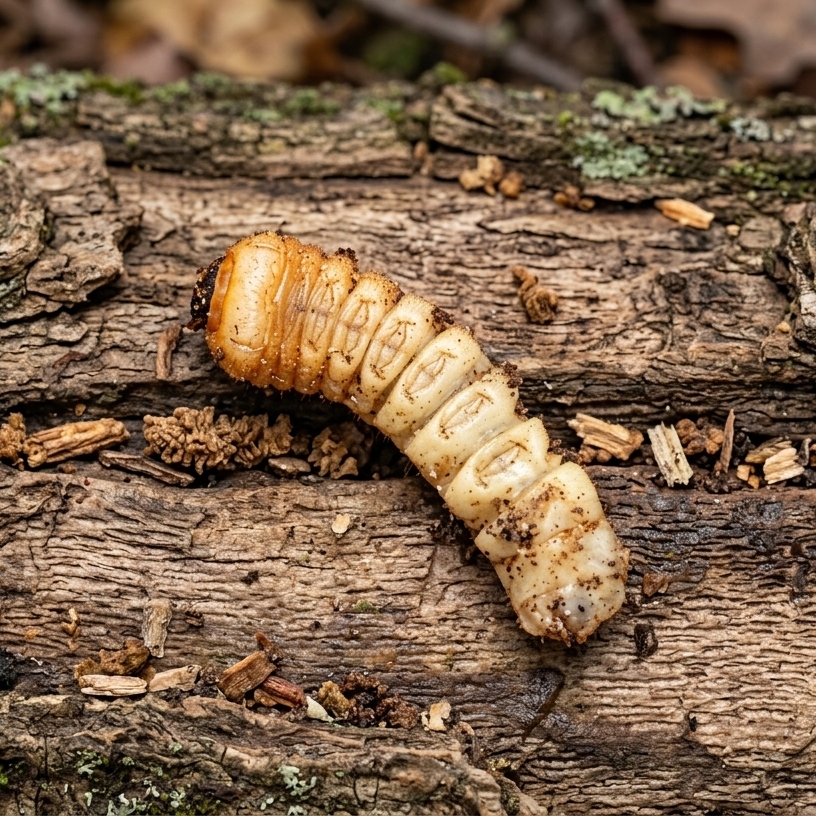 Larva tesaříka obrovského ve dřevě
