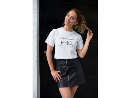 tee mockup of a girl with a leather skirt playing with her hair 26651