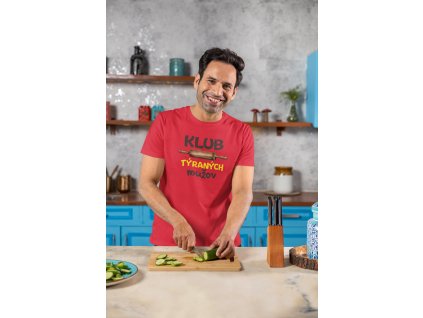 scott international t shirt mockup featuring a happy man chopping a cucumber in the kitchen m41114
