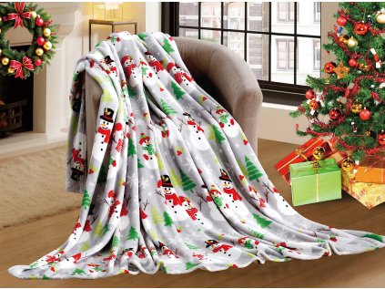 Šedá vánoční mikroplyšová deka SNOWMAN (Rozměr 160 x 200 cm)
