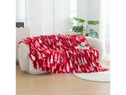Vánoční mikroplyšová deka CHRISTMAS TREES červená s motivem stromečků