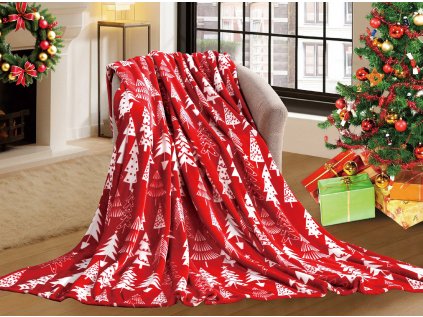 Červená vánoční mikroplyšová deka CHRISTMAS TREES (Rozměr 160 x 200 cm)