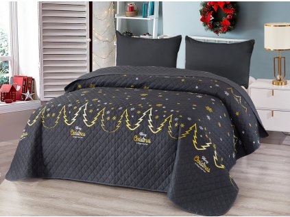 Černý přehoz na postel MERRY CHRISTMAS (Rozměr 220 x 240 cm)