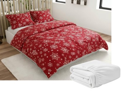 Sada 2x povlečení mikroplyš SNOWFALL červené + bílé prostěradlo SOFT 180x200