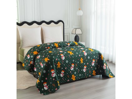 Zelený přehoz na postel SNĚHULÁK A PERNÍČEK s vánočními motivy