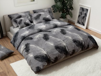 Luxusní povlečení mikroplyš VELSOFT šedé s motivem peří