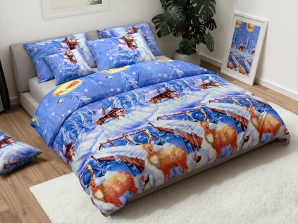 Zimní povlečení mikroplyš WINTER WISH modré s motivem sobů