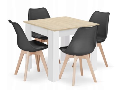 Jídelní set 1+4 MADO 80x80 bílý/dub sonoma s černými židlemi BALI MARK