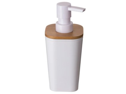 Stylový bílý dávkovač na mýdlo NATUREO 200 ml s bambusovým víkem – moderní a praktický doplněk do koupelny.