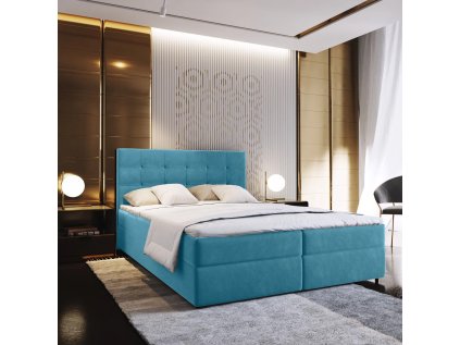 Čalouněná postel boxspring GLORIEN VELVET 140x200 cm modrá