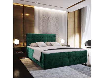 Čalouněná postel boxspring GLORIEN VELVET 140x200 cm tmavě zelená