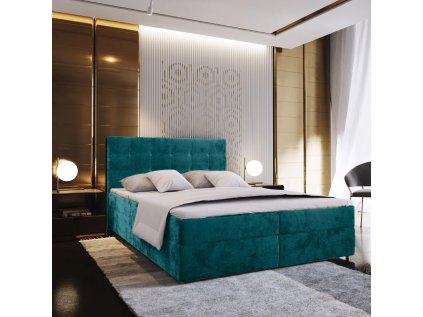 Čalouněná postel boxspring GLORIEN VELVET 140x200 cm tyrkysová