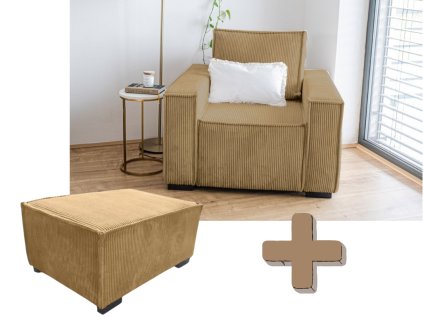 Sada křesla a taburetu v hořčicové barvě s manšestrovým povrchem