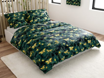 Elegantní povlečení mikroplyš YELLOW BUTTERFLY tmavě zelené s motýly