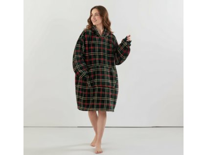 Hřejivá mikinová deka s rukávy a kapucí GLENMOORE zelená v kostkovaném stylu