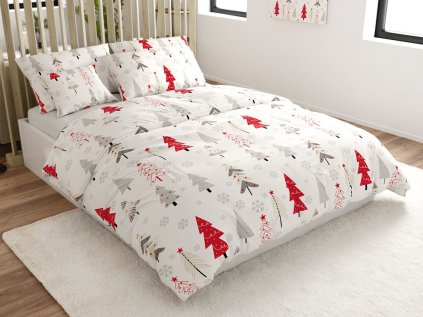 Vánoční bavlněné povlečení JINGLE bílé s motivem stromečků