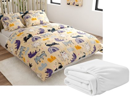 Mikroplyšové povlečení PURRSLEEP béžové + bílé prostěradlo SOFT 180x200 cm