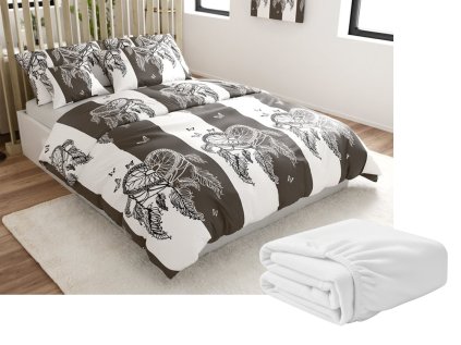 Sada mikroplyšového povlečení TIRSO šedo-bílé + prostěradlo mikroplyš SOFT 180x200 cm bílé, dvoulůžko
