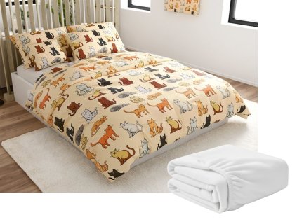 Sada mikroplyšového povlečení COLORED CATS krémové + prostěradlo mikroplyš SOFT 180x200 cm bílé, dvoulůžko