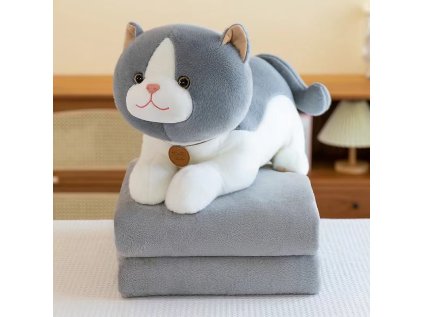 Plyšová KOČKA s dětskou dekou uvnitř, šedá