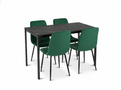 Jídelní set 1 + 4, černý stůl RAMOD 100x60 cm mramorový dekor + zelená židle TURIN s černými nohami