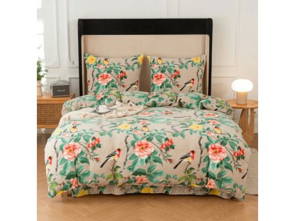 Mikroplyšové povlečení PETALIA béžové s květinovým motivem a ptáčky