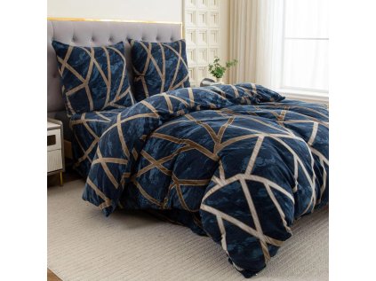 Mikroplyšové ložní prádlo CAVORIS – zlaté křížení linií na modré látce
